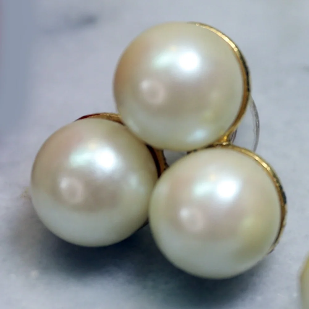 Pearl Earrings ~ Elegant Pierced Vintage Triple 8mm Cream Pearls in Gold Setting